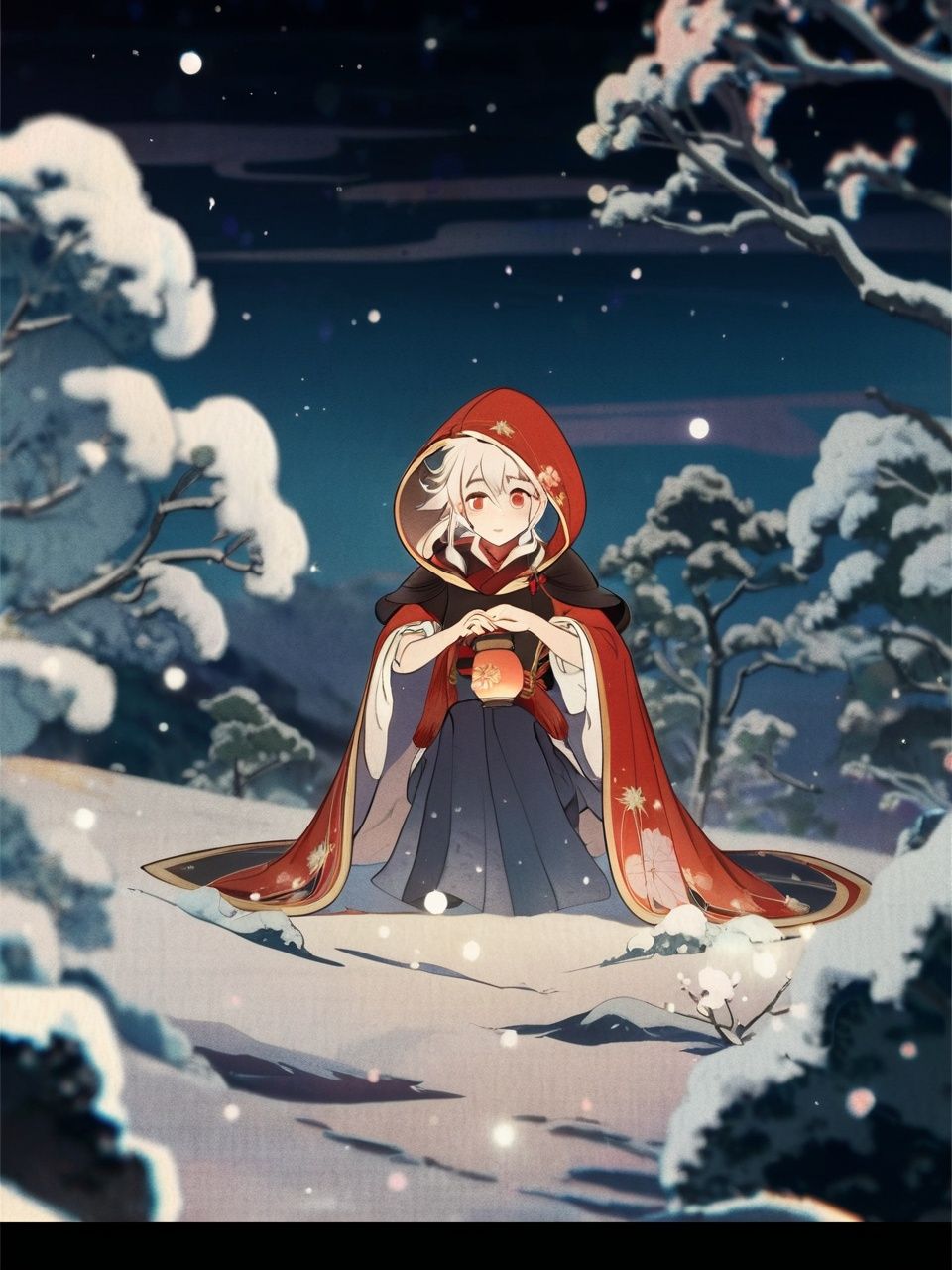 (beautiful detatiled eyes),(1girl:1.4),(((masterpiece))),((( best quality))),(( ultra-detailed)),( illustration),beautiful detailed sky ,night,stars,(((1girlan extremely delicate and beautiful girl))),red eyes,dramatic angle,small breasts,(((full body))),hood,cold face and white shirt,(((long white hair))),(red hair),(red plum blossom),((winter)),(((snowflakesdetailed cute anime face))),cinmatic lighting,((red and white flowers)),hairs between eyes, expressionless, young girl,(((Facing the lens))),(starry sky),((Beautiful face)),((full body)),(sitting),depth_of_field,((colorful)),scenery,hair_flower,lantern,christmas,(starfall),