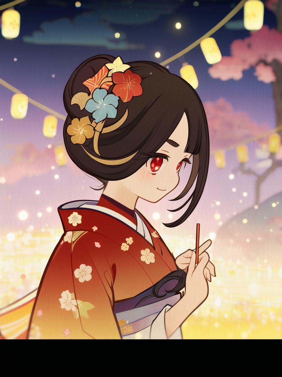 masterpiece,best quality, Amazing ,(1girl),🖐️,extremely detailed CG unity 8k wallpaper, illustration, finely detail, Depth offield, (beautiful detailed girl),beautiful detailed glow, (golden ratio),(beautiful detailed eyes),(beautiful detailed face),(beautiful detailed calf), beautiful detailed hands,  aiming at viewer, (highres),  
small breasts,very long hair, disheveled black hair, (beautiful detailed clothes),  (( bright red eyes)), long bangs, hairs between eyes,  smile,  solo 
kimono, japanese_clothes,double_bun, hair_ornament,yukata, nail_polish, obi, hairclip, braid, holding candy_apple, 
firework, lighting, beautiful detailed sky,star sky,