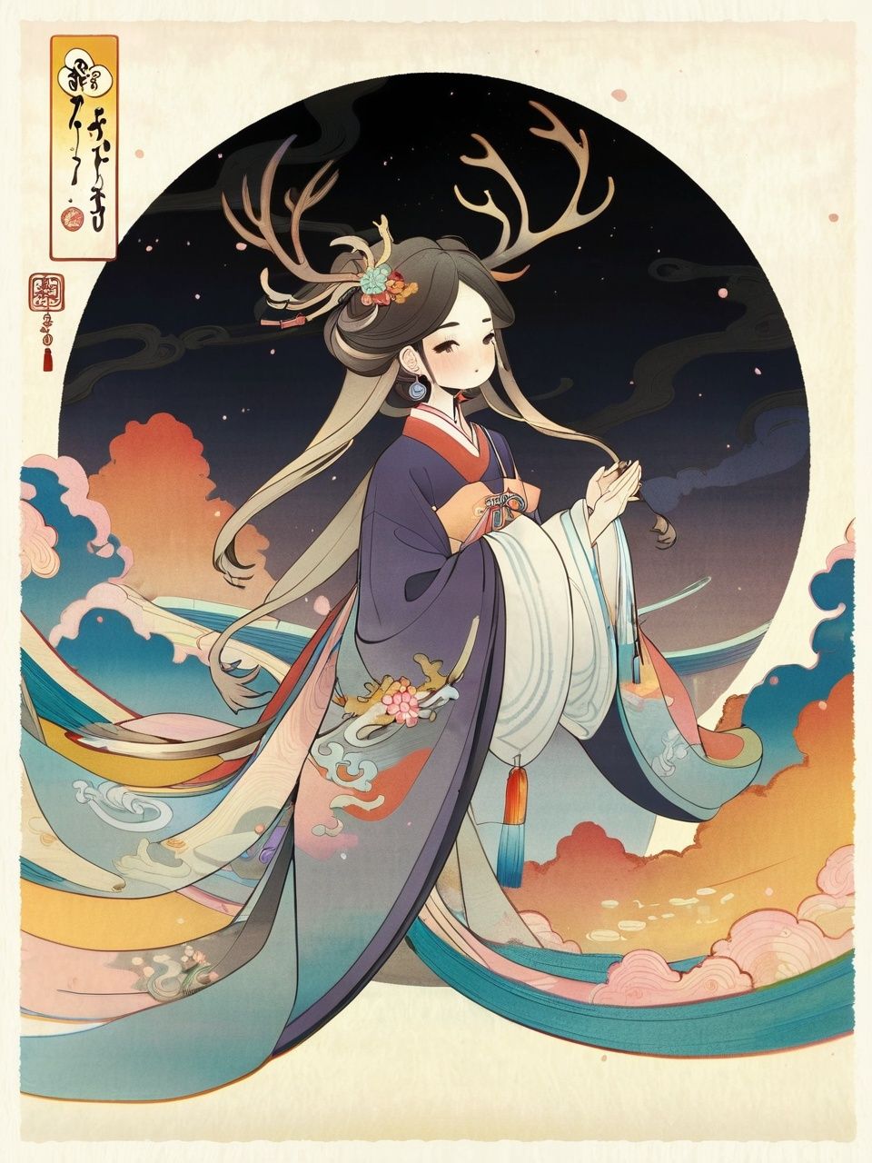 (Masterpiece:1.4),(Illustration:1.2),dynamic angle,floating,(solo),(a girl:1.3),(only girl),(bun hair),(long hair),(Elk antlers:1.3),(deer ear:1.2),(Detailed beautiful face:1.3),(Symmetrical face),(detailed Symmetrical eyes),(detailed beautiful Wide Sleeves hanfu),(Colorful auspicious clouds:1.3),(Colorful), Chinese ink, color ink,((China-Chic Illustration)), Oriental Art, Chinese Painting, ((Chinese fad Illustration))