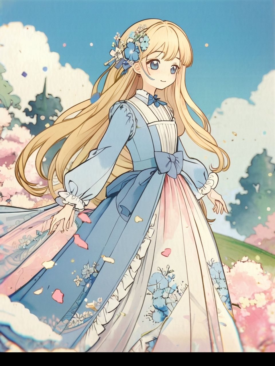 ((masterpiece)),(best quality),(beautiful detailed eyes), (ultra-detailed), (finely detail), (highres),((1girl)), two side up, detailed beautiful long blonde hair, pink ribbon,detailed beautiful blue eyes, white frilled dress, lace-trimmed, long sleeves, flower garden, wind, happy,laughing, confetti, petals, blue sky with clouds,(crystal trees:1.2),(detailed beautiful flowers:1.0),detailed beautiful background,(GI.JP:1.2)