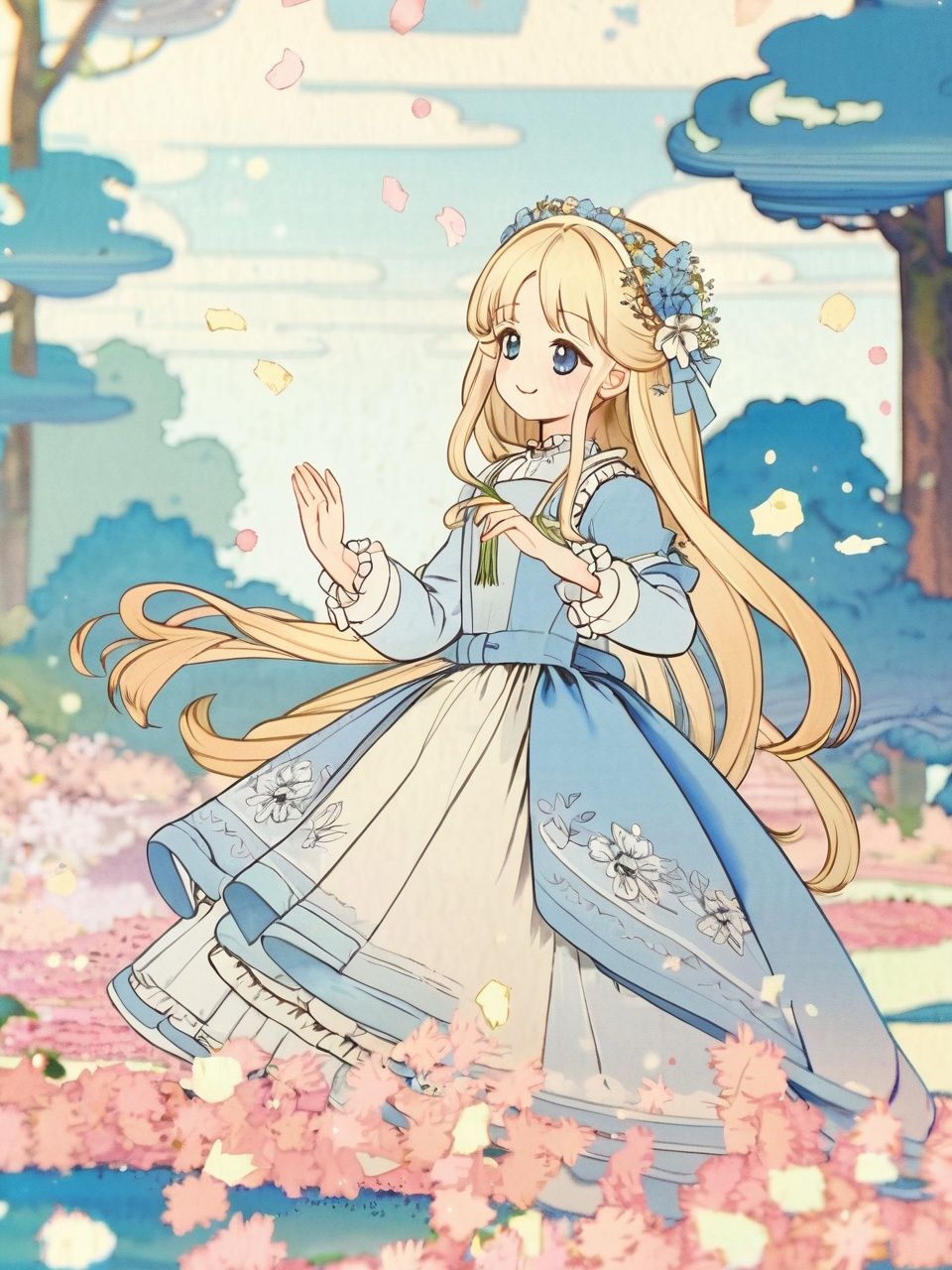 ((masterpiece)),(best quality),(beautiful detailed eyes), (ultra-detailed), (finely detail), (highres),((1girl)), two side up, detailed beautiful long blonde hair, pink ribbon,detailed beautiful blue eyes, white frilled dress, lace-trimmed, long sleeves, flower garden, wind, happy,laughing, confetti, petals, blue sky with clouds,(crystal trees:1.2),(detailed beautiful flowers:1.0),detailed beautiful background,(GI.JP:1.2)