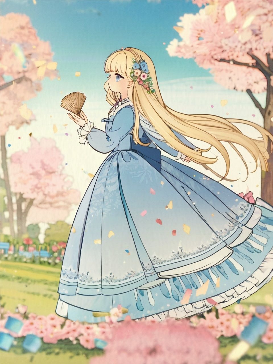((masterpiece)),(best quality),(beautiful detailed eyes), (ultra-detailed), (finely detail), (highres),((1girl)), two side up, detailed beautiful long blonde hair, pink ribbon,detailed beautiful blue eyes, white frilled dress, lace-trimmed, long sleeves, flower garden, wind, happy,laughing, confetti, petals, blue sky with clouds,(crystal trees:1.2),(detailed beautiful flowers:1.0),detailed beautiful background,(GI.JP:1.2)