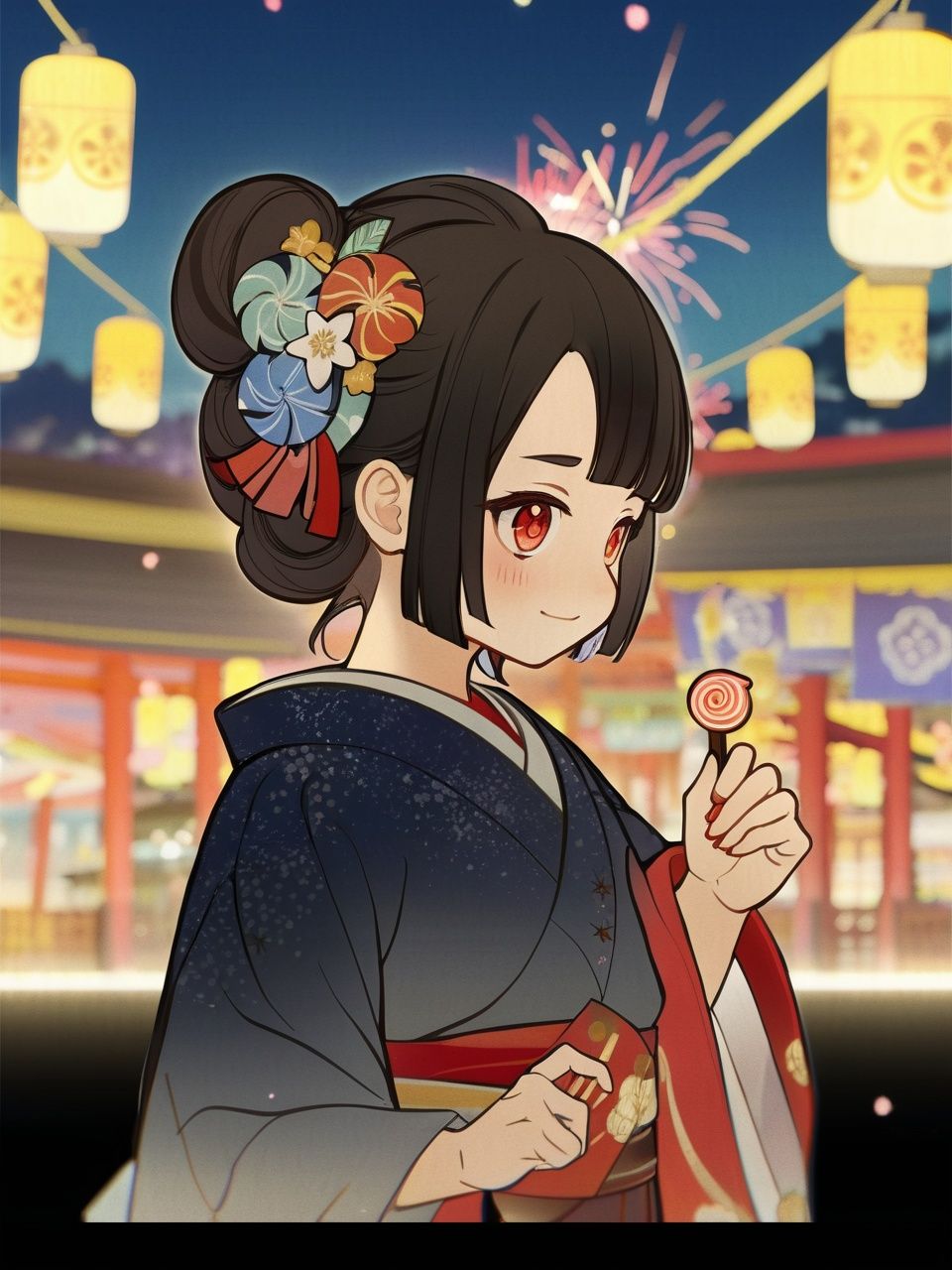 masterpiece,best quality, Amazing ,(1girl),🖐️,extremely detailed CG unity 8k wallpaper, illustration, finely detail, Depth offield, (beautiful detailed girl),beautiful detailed glow, (golden ratio),(beautiful detailed eyes),(beautiful detailed face),(beautiful detailed calf), beautiful detailed hands,  aiming at viewer, (highres),  
small breasts,very long hair, disheveled black hair, (beautiful detailed clothes),  (( bright red eyes)), long bangs, hairs between eyes,  smile,  solo 
kimono, japanese_clothes,double_bun, hair_ornament,yukata, nail_polish, obi, hairclip, braid, holding candy_apple, 
firework, lighting, beautiful detailed sky,star sky,