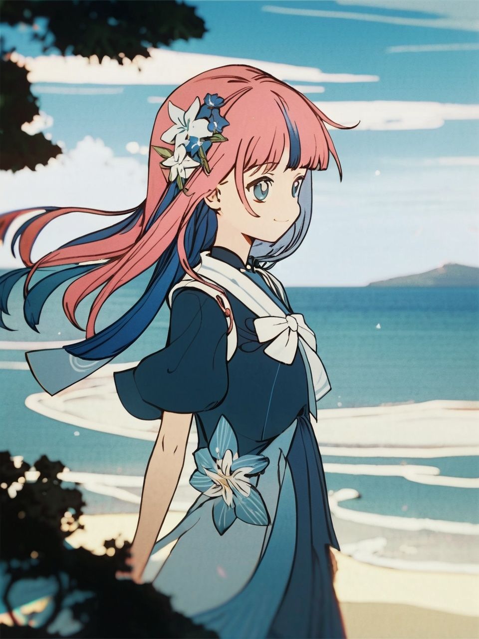 masterpiece, best quality,extremely detailed CG unity 8k wallpaper,Depth of field,cinematic lighting,backlighting, cel shading,anime screencap, long hair,beautiful detailed eyes,1girl,finely detail,(upper body:1.2),pink hair,(blue streaked hair:1.25),blue sky with cloud,sea,(flower near sea:1.5),GI.JP, seductive smile, random pose,solo,looking at viewer,ribbon, standing on beach,near water,blush,blunt bangs, blue water