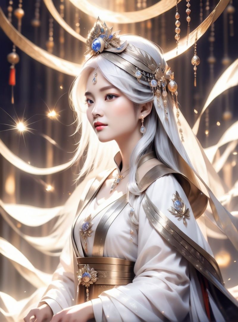 asian woman with white hair,  straight hair,  headwear on Tensor.Art