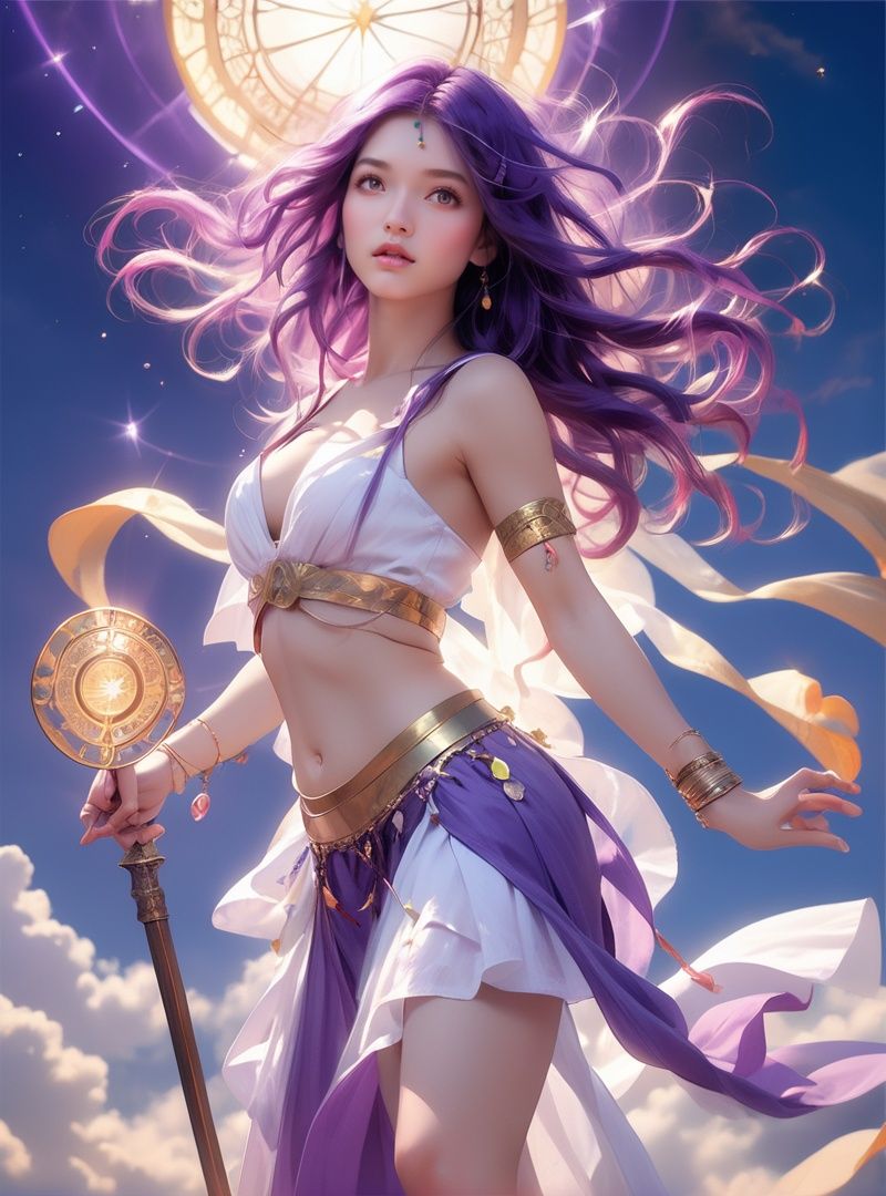 (masterpiece, high detail, best quality), greek clothes, peplos, 1 asian girl, holding magic staff, solo, long hair, navel, purple hair, straight hair, skirt, staff, jewelry, sandals, small breasts, platform footwear, white skirt, bracelet, looking at viewer, upper body,breasts, (armlet, thighlet, cloud, vibrant color, (high contrast), midriff, detail skin, light on face, highlight face, __BREAK__ portrait, standing, In a vast library in the clouds, where every book contains a different universe,, realistic, concept art, cinematic, volumetric lighting, highly detailed, 8k, fire fly, bokeh, mysterious, fantasy, night, sky, cloud,