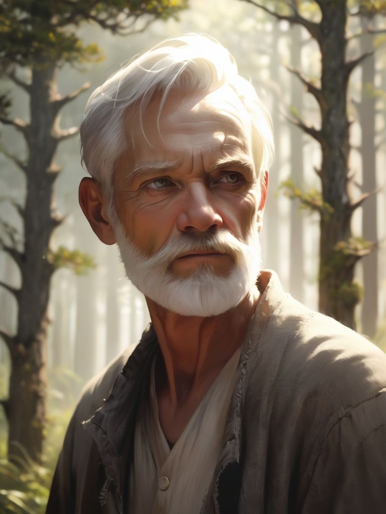 1boy, beard, detailed skin, facial hair, looking at viewer, male focus, mysterious, old, old man, portrait, realistic, scar, solo, white hair, wrinkled skin, forest background
