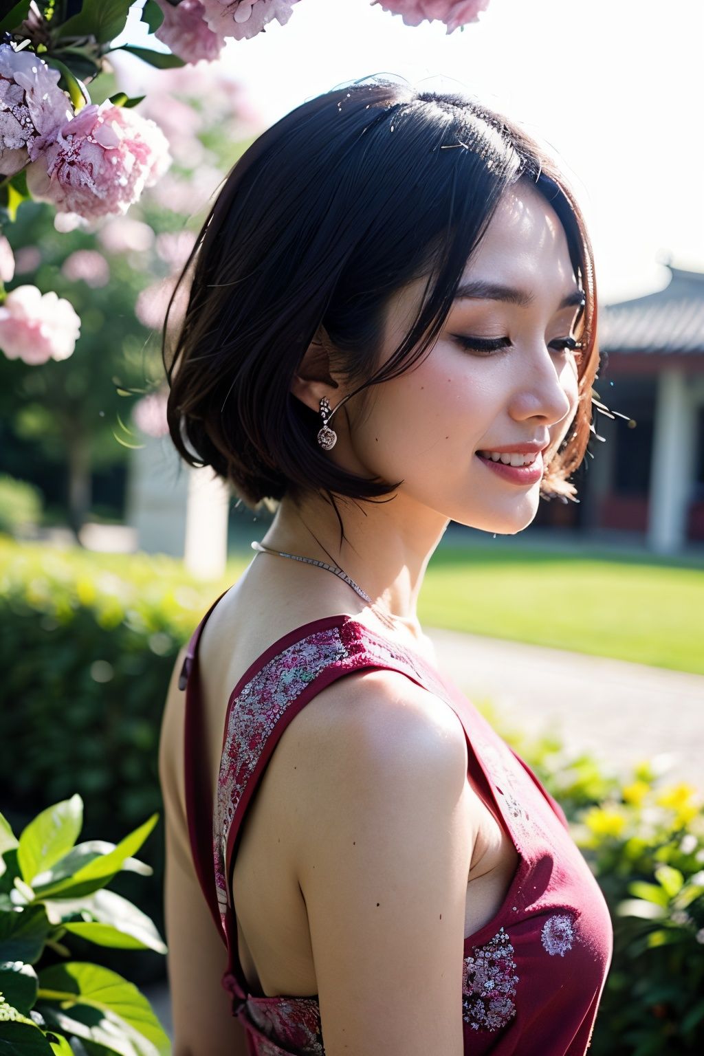 (((Upper body photo, medium shot)))), ((Single eyelid))),(Sunset backlight))),((Lens flare)),((Lens flare)),(In Chinese garden in china clothes)),((Super Soft Focus))))), smiling, (Profile)))))), (Eyes closed)))), twilight, showeringSurrounded by colorful hydrangeas, hydrangeas in the background, ((soft sunset)), (yinchuan:1.5), masterpiece, best quality, raw photo, photorealistic, face, beautiful girl, cute, short hair, (((depth of field)))), high resolution, ultra detail, fine detail, very detailed, cinematic lighting