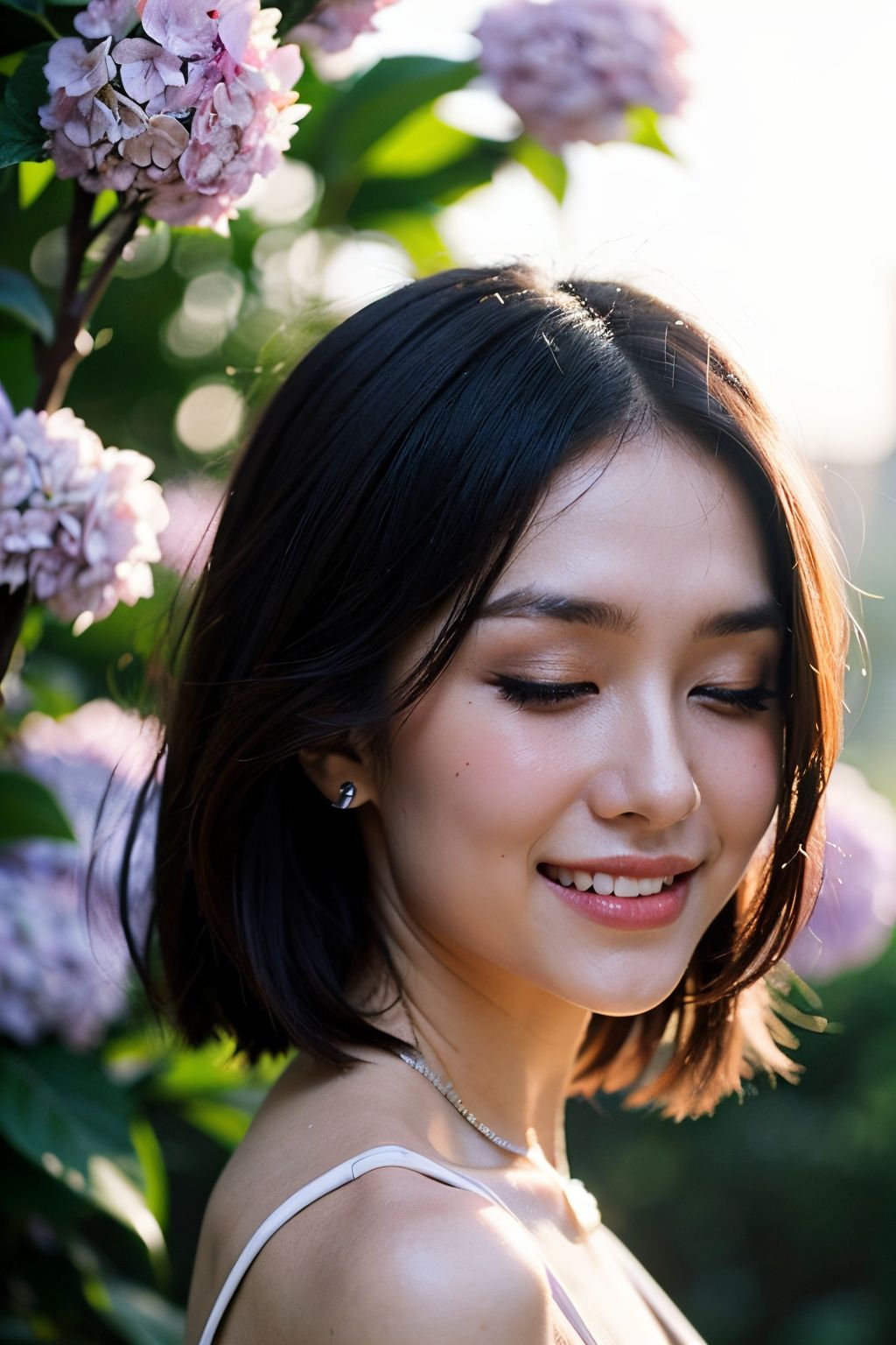 (((Upper body photo, medium shot)))), ((Single eyelid))),(Sunset backlight))),((Lens flare)),((Lens flare)),(In Chinese garden in china clothes)),((Super Soft Focus))))), smiling, (Profile)))))), (Eyes closed)))), twilight, showeringSurrounded by colorful hydrangeas, hydrangeas in the background, ((soft sunset)), (yinchuan:1.5), masterpiece, best quality, raw photo, photorealistic, face, beautiful girl, cute, short hair, (((depth of field)))), high resolution, ultra detail, fine detail, very detailed, cinematic lighting