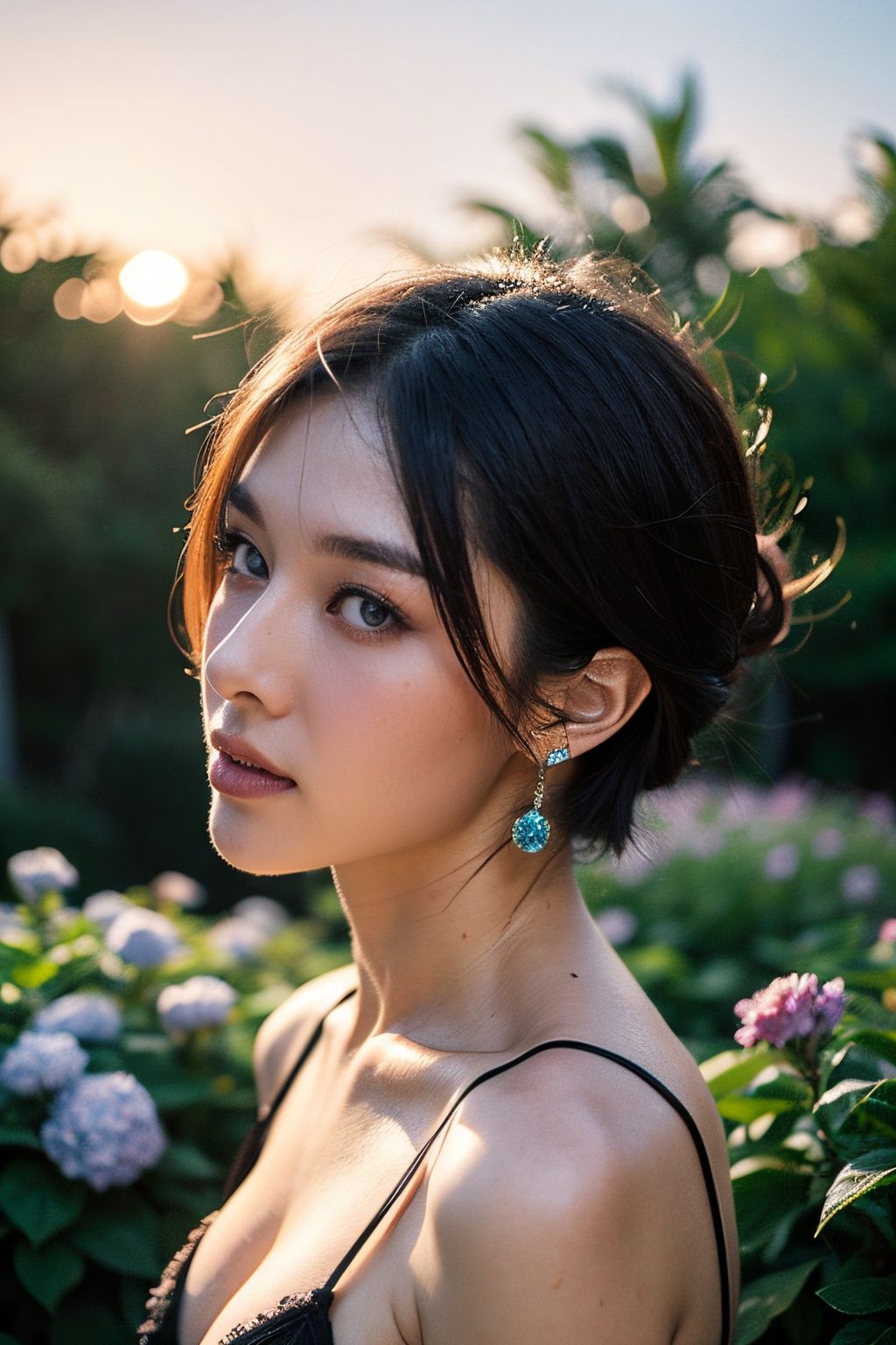 (((Upper body photo, medium shot)))), big breats, lace bikini,((Super Soft Focus))))), (Profile)))))), twilight, showeringSurrounded by colorful hydrangeas, hydrangeas in the background, ((soft sunset)), (yinchuan:1.5), masterpiece, best quality, raw photo, photorealistic, face, beautiful girl, cute, short hair, (((depth of field)))), high resolution, ultra detail, fine detail, very detailed, cinematic lighting