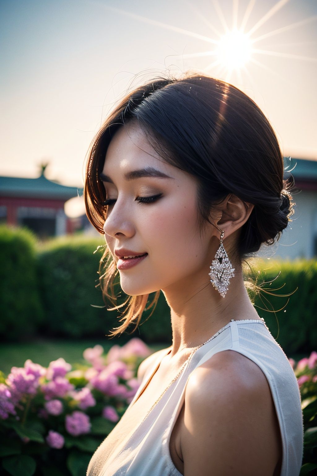 (((Upper body photo, medium shot)))), ((Single eyelid))),(Sunset backlight))),((Lens flare)),((Lens flare)),(In Chinese garden in china clothes)),((Super Soft Focus))))), smiling, (Profile)))))), (Eyes closed)))), twilight, showeringSurrounded by colorful hydrangeas, hydrangeas in the background, ((soft sunset)), (yinchuan:1.5), masterpiece, best quality, raw photo, photorealistic, face, beautiful girl, cute, short hair, (((depth of field)))), high resolution, ultra detail, fine detail, very detailed, cinematic lighting