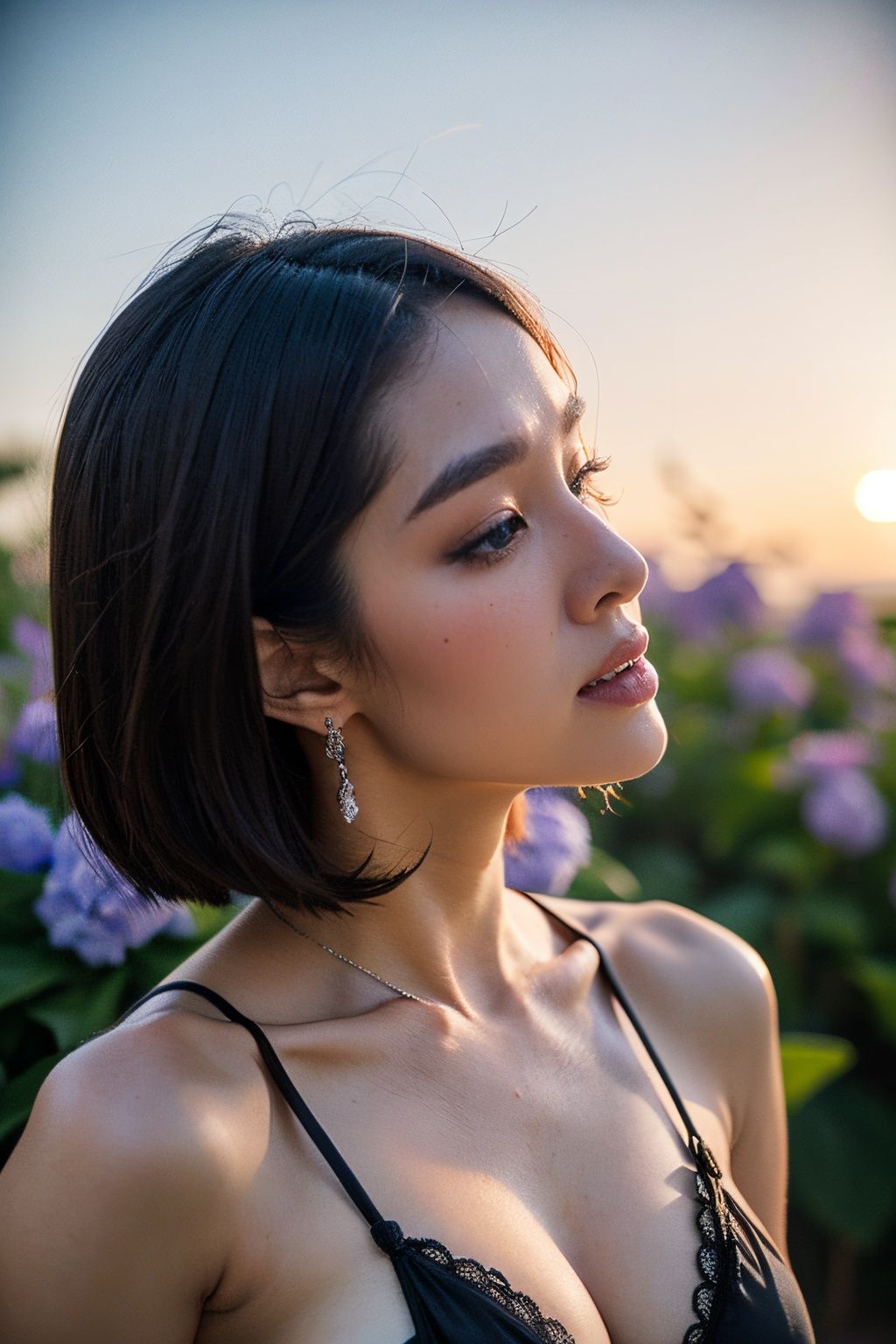 (((Upper body photo, medium shot)))), big breats, lace bikini,((Super Soft Focus))))), (Profile)))))), twilight, showeringSurrounded by colorful hydrangeas, hydrangeas in the background, ((soft sunset)), (yinchuan:1.5), masterpiece, best quality, raw photo, photorealistic, face, beautiful girl, cute, short hair, (((depth of field)))), high resolution, ultra detail, fine detail, very detailed, cinematic lighting