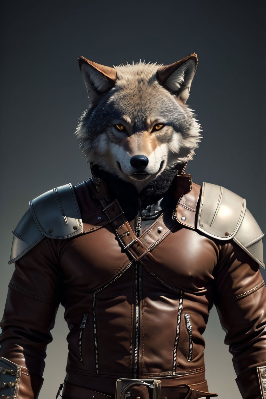 The picture shows a wolf wearing a helmet and wearing a leather jacket. The wolf has a formidable and powerful appearance,...