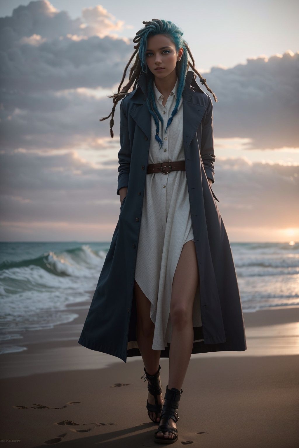 a woman with blue hair and dreadlocks standing on a beach ,  cgsociety,  antipodeans movie still on Tensor.Art
