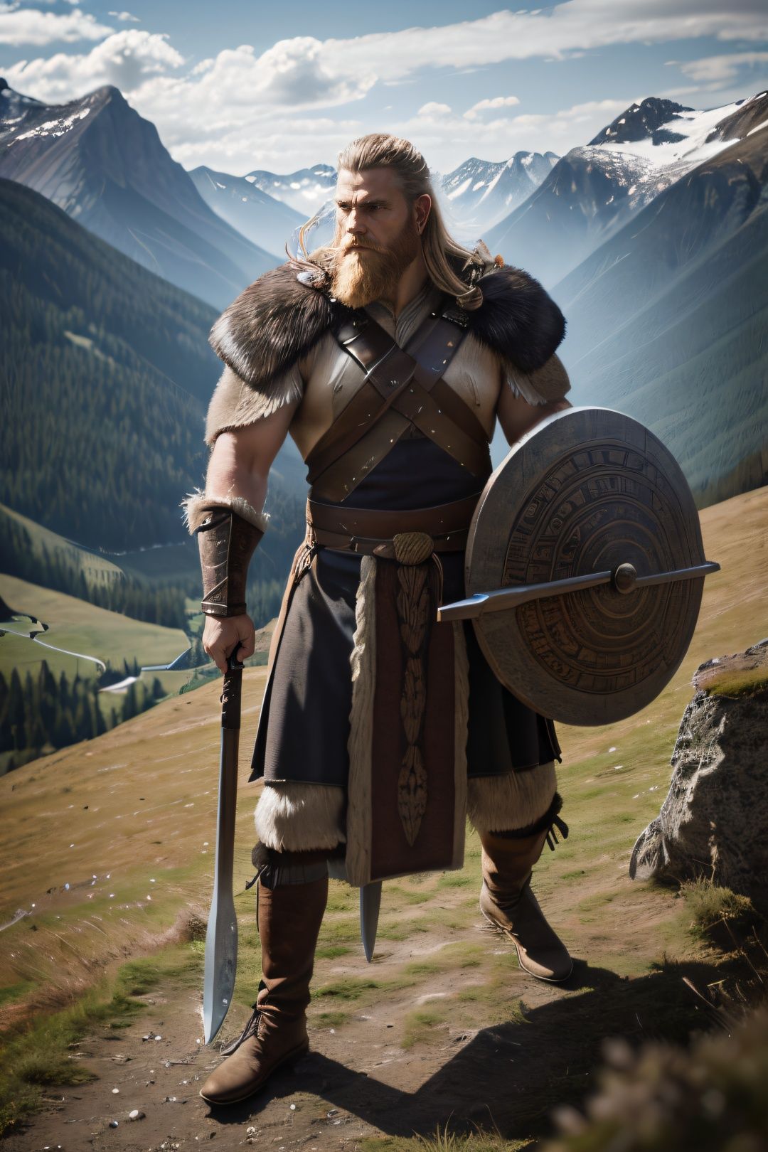 an awarded photography of Wulfrik the Wanderer - A fierce and bearded Norse warrior,  wielding a rune-inscribed great axe....