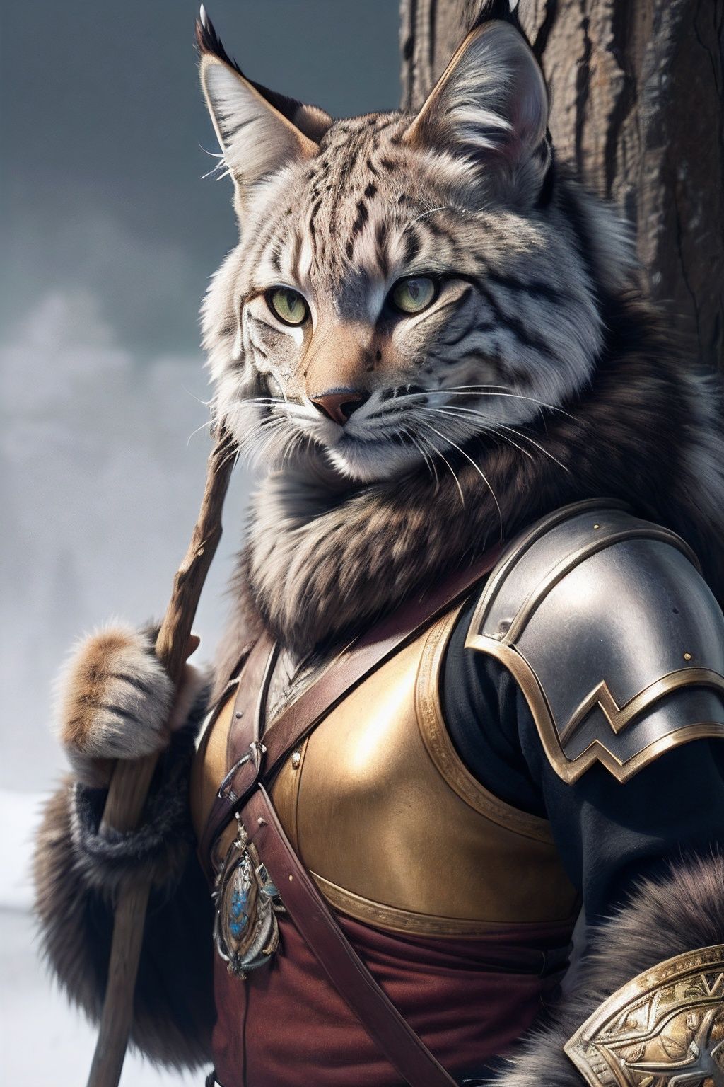 Shaman tabaxi female tan spotted fur tabaxi lynx,  thin build,  wearing intricate mail armor on Tensor.Art