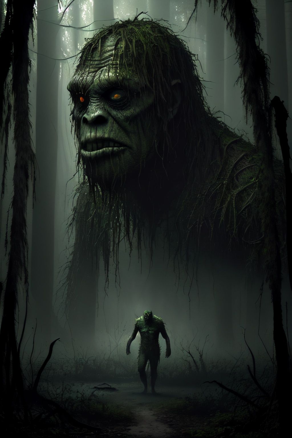 (Masterpiece),  The swamp monster has weeds hiding its face. The monster emerges from the swamp into a forest with trees,...