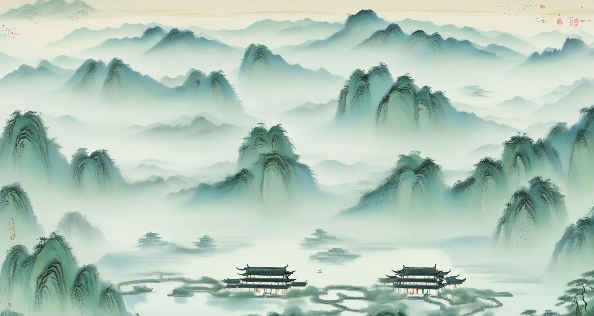 <lora:sdxl_shenhua_v2:1>,shenhua,Shen Mengxi's painting "Qianli Jiangshan" depicts a landscape in the style of the Song Dynasty, using meticulous brushwork combined with a touch of freehand brushwork. Among the layered mountains and peaks, pine trees grow, and there is a light green lake with a mirror-like surface. A stone bridge with a pavilion connects two mountains. In the distance, there are continuous far-off mountains and a pale blue sky ((without any clouds)), The setting sun hangs in the sky, creating a captivating scene,claborate-style painting,pixel world,a photo of shanshui by jinliang,zydink,shenhua