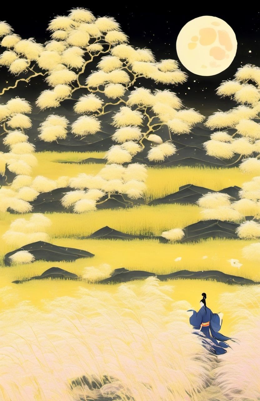 <lora:sdxl_shenhua_v2:1>,shenhua,beautiful detailed pampas grass field, open hakama, surrounded by floating sakura, yellow full moon, beautiful detailed dark midnight sky, messy white long hair,