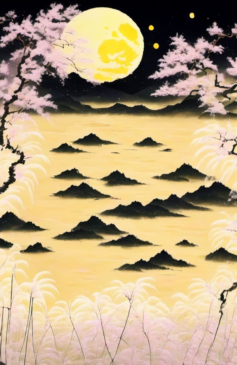 <lora:sdxl_shenhua_v2:1>,shenhua,beautiful detailed pampas grass field, open hakama, surrounded by floating sakura, yellow full moon, beautiful detailed dark midnight sky, messy white long hair,
