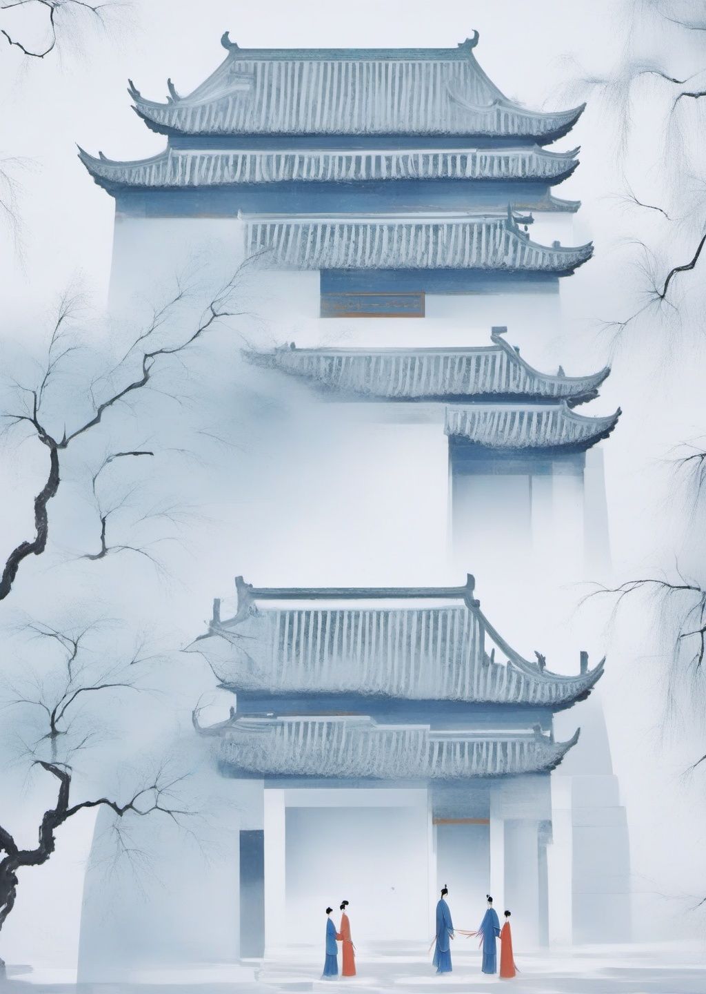 <lora:sdxl_shenhua_v2:1>,shenhua,a couple stood by the wall of the minimalist Chinoiserie building and kissed