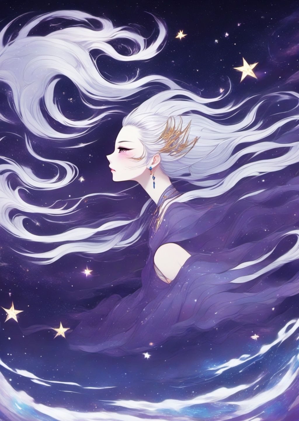 <lora:sdxl_shenhua_v2:1>,shenhua, Starry sky adorns hair, sparkling anime eyes,beautiful detailed stars,blighting stars,emerging dark purple across with white hair,multicolored hair,beautiful detailed sky, beautiful detailed water, cinematic lighting, dramatic angle,,