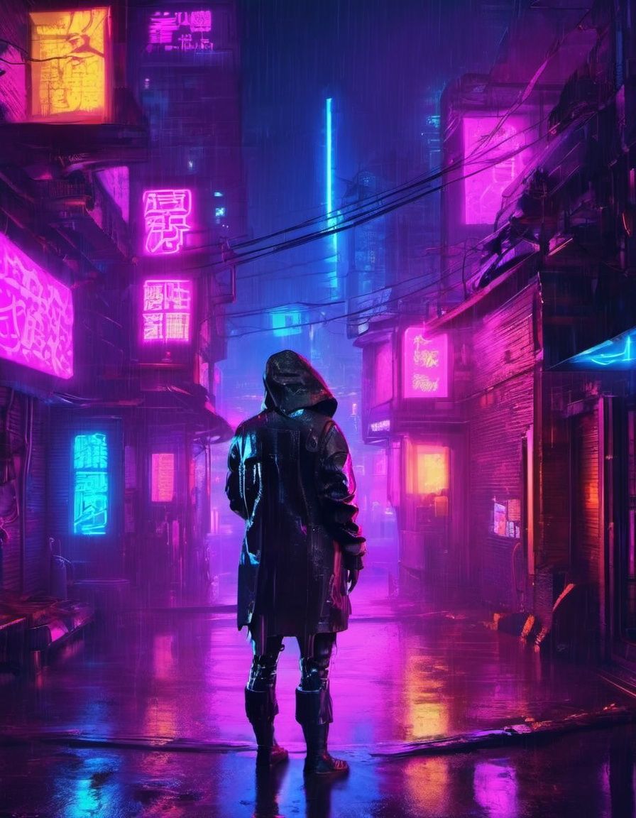 cyberpunk style, neon lights, rain, from behind, cyberpunk, night, city, scenery, facing away, solo, outdoors, science fiction, building <lora:cyberpunk_style_xl-off:0.8> 