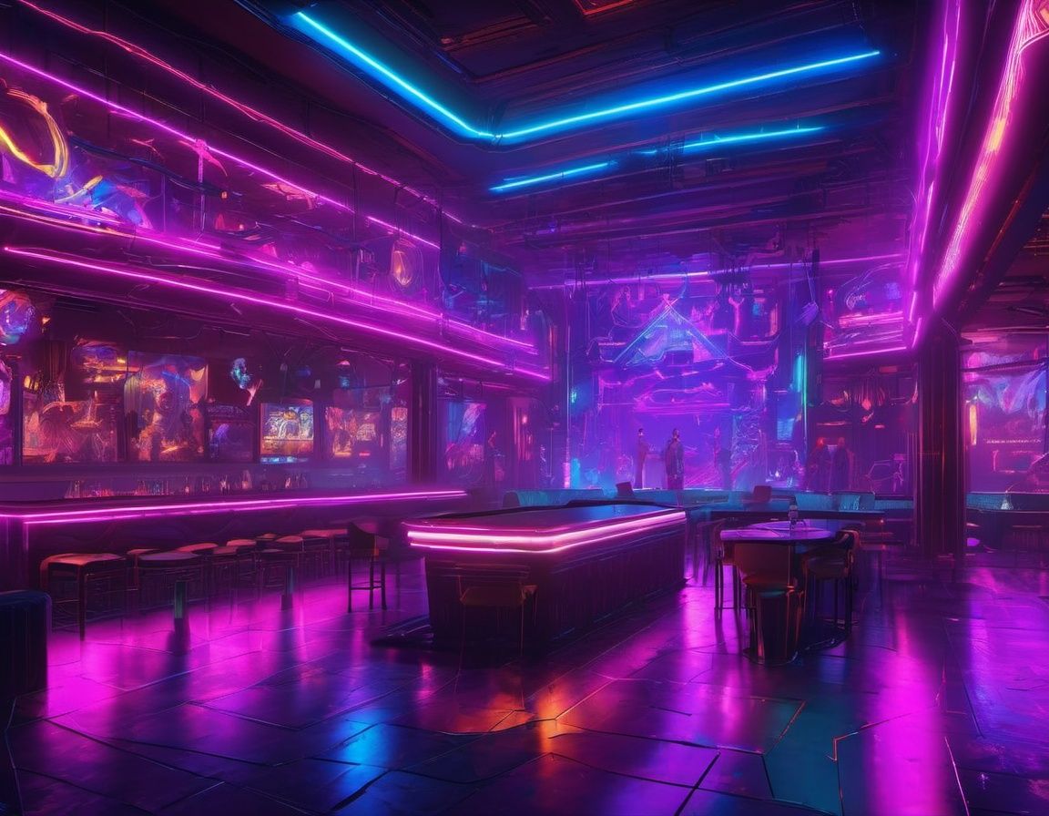 cyberpunk style,  a cyberpunk-style nightclub interior featuring pulsating lights and holographic dancers.<lora:cyberpunk_style_xl-off:0.8> 