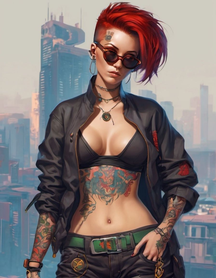 cyberpunk style, 1girl, tattoo, navel, solo, jewelry, earrings, smoking, cleavage cutout, clothing cutout, breasts, midriff, small breasts, short hair, sunglasses, crop top, tinted eyewear, cigarette, belt, smoke, pants, arm tattoo, red hair, coat <lora:cyberpunk_style_xl-off:0.8> 
