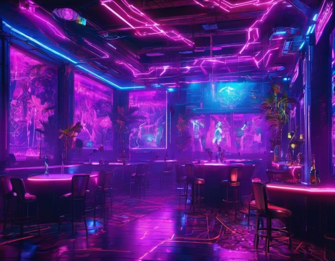 cyberpunk style,  a cyberpunk-style nightclub interior featuring pulsating lights and holographic dancers.<lora:cyberpunk_style_xl-off:0.8> 