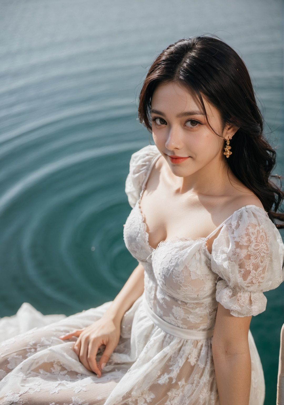 xxmix_girl,  a woman in a dress is leaning over a body of water with her hands on her hips and smiling on Tensor.Art