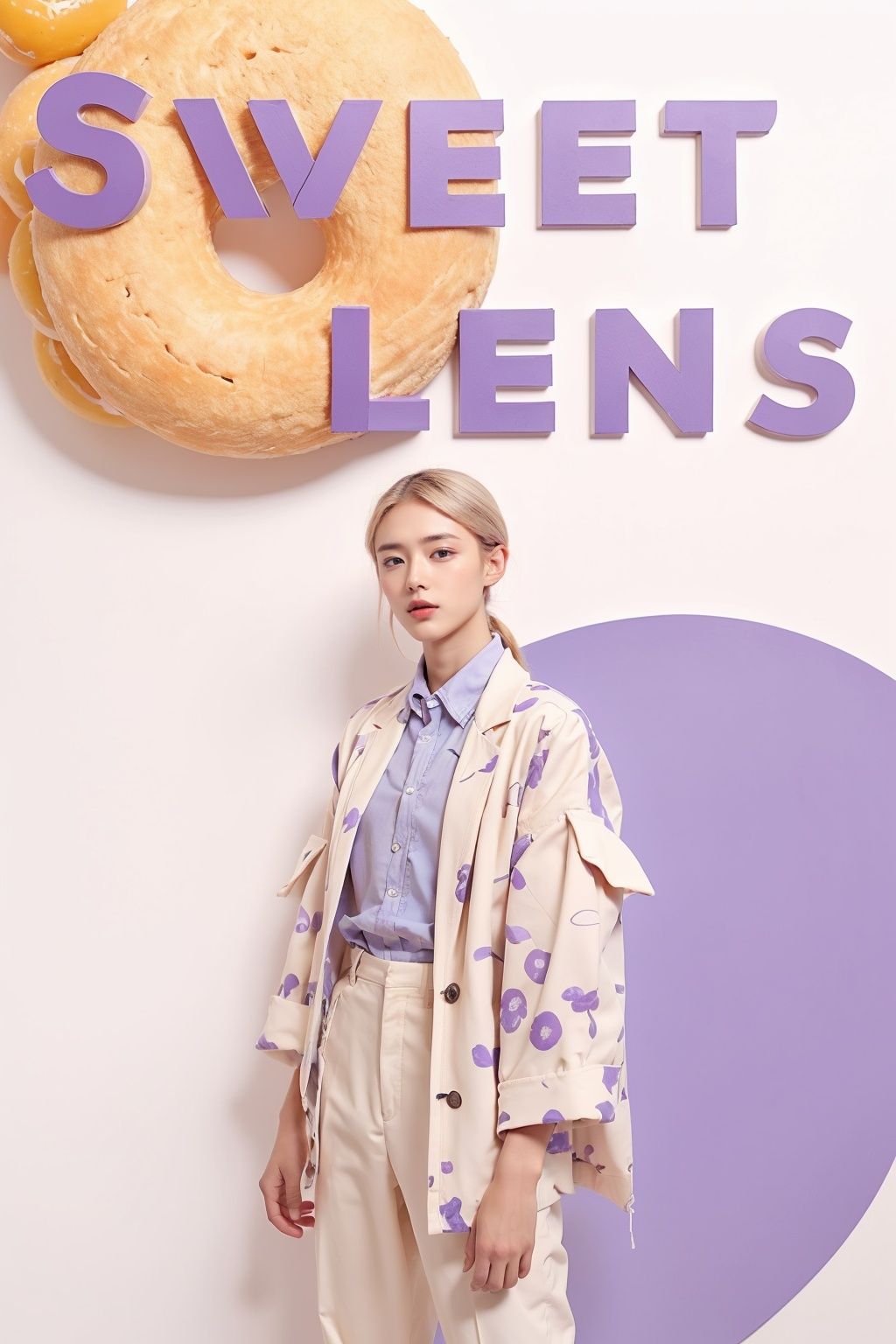 (masterpiece,best quality,beautiful and aesthetic:1.2), (high detailed skin:1.2), 8k uhd, dslr, soft lighting, high quality, film grain,((1boy,male)), doughnut, food, solo, ponytail, fruit, sleeveless, holding, bow, holding food, purple background, jacket,