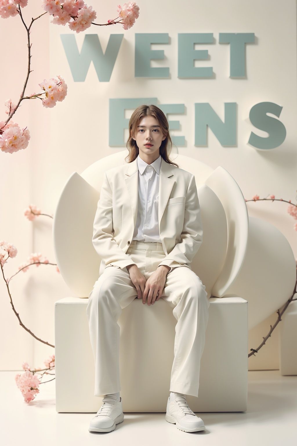 (masterpiece,best quality,beautiful and aesthetic:1.2), (high detailed skin:1.2), 8k uhd, dslr, soft lighting, high quality, film grain,1boy,1boy, male focus, black hair, jacket, white footwear, shoes, full body, hand in pocket, pants, shirt, solo, sitting, flower, stuffed toy, stuffed animal, teddy bear, long hair,