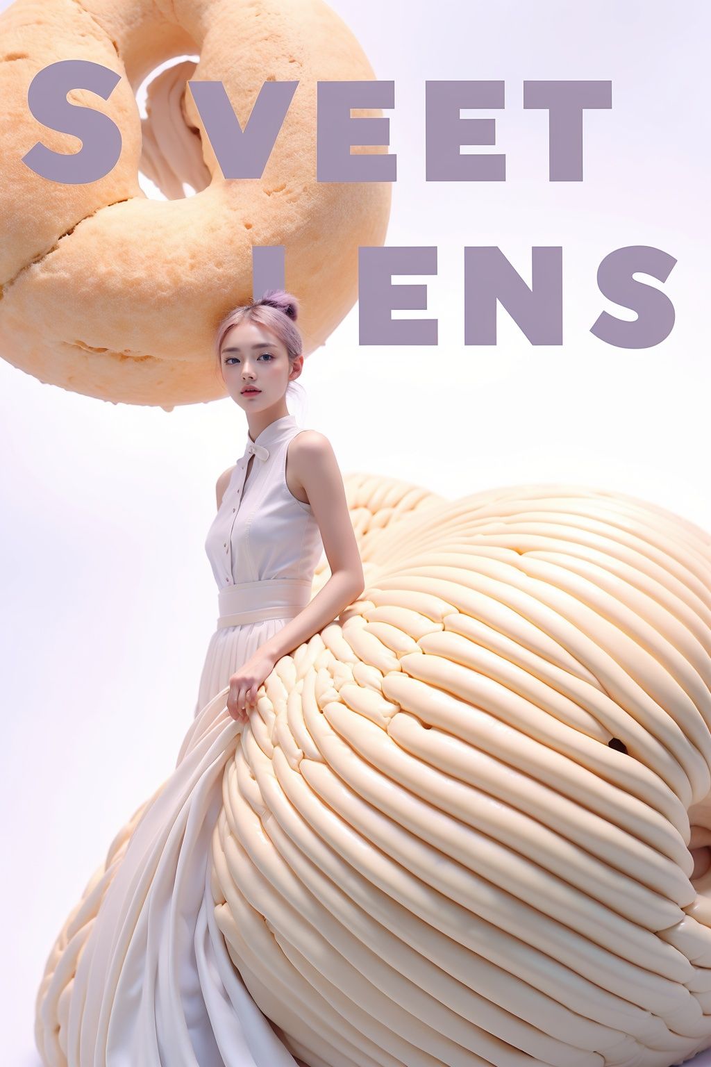 (masterpiece,best quality,beautiful and aesthetic:1.2), (high detailed skin:1.2), 8k uhd, dslr, soft lighting, high quality, film grain,1girl, doughnut, food, solo, ponytail, fruit, sleeveless, holding, bow, holding food, purple background,skirt,