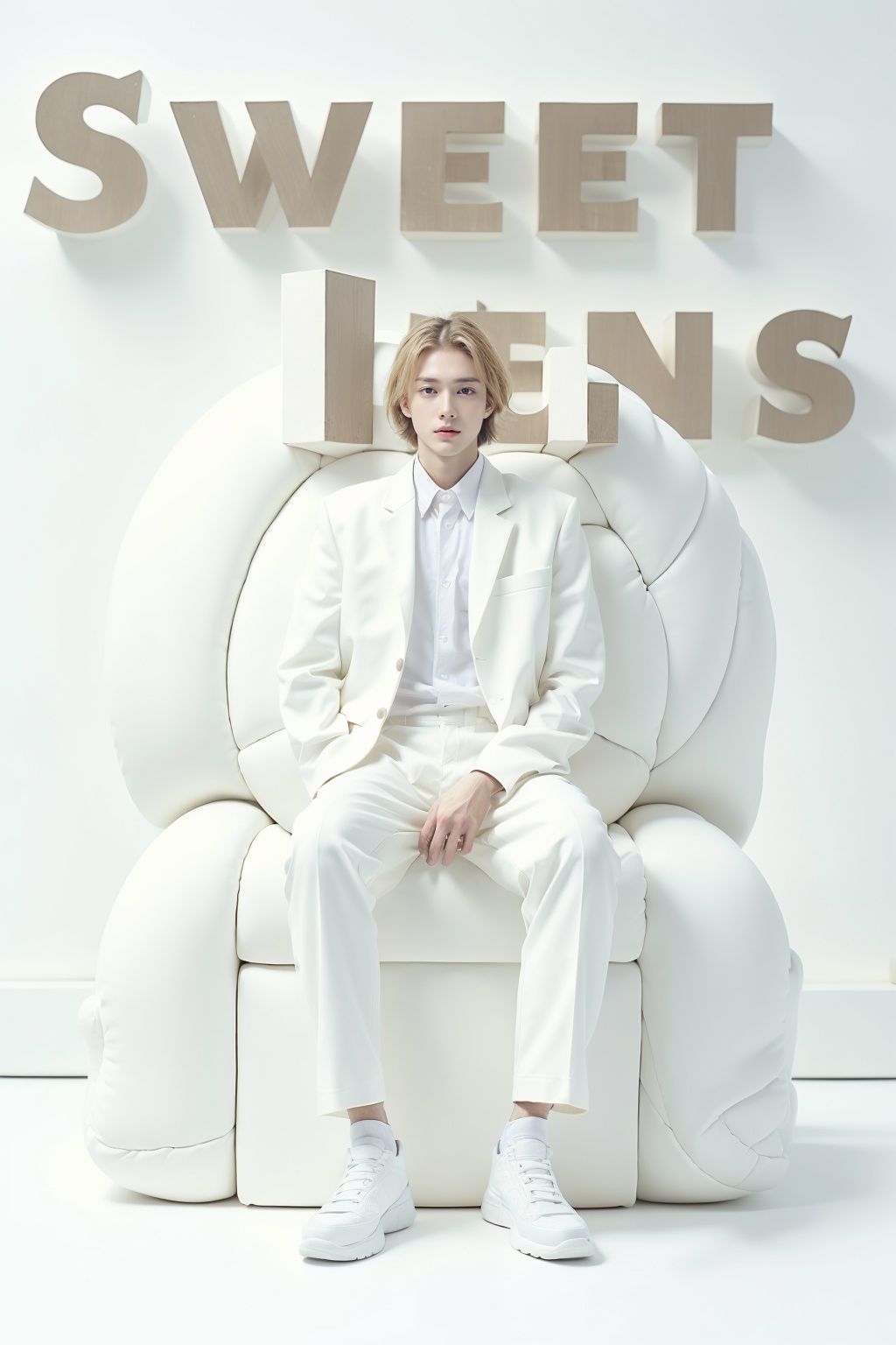(masterpiece,best quality,beautiful and aesthetic:1.2), (high detailed skin:1.2), 8k uhd, dslr, soft lighting, high quality, film grain,1boy,1boy, male focus, black hair, jacket, white footwear, shoes, full body, hand in pocket, pants, shirt, solo, sitting, flower, stuffed toy, stuffed animal, teddy bear, long hair,
