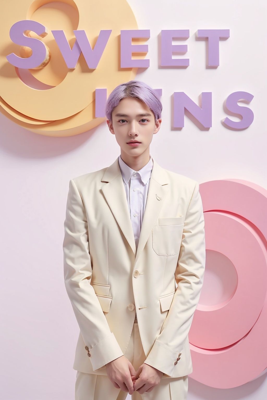 (masterpiece,best quality,beautiful and aesthetic:1.2), (high detailed skin:1.2), 8k uhd, dslr, soft lighting, high quality, film grain,((1boy,male)), doughnut, food, solo, ponytail, fruit, sleeveless, holding, bow, holding food, purple background, jacket,