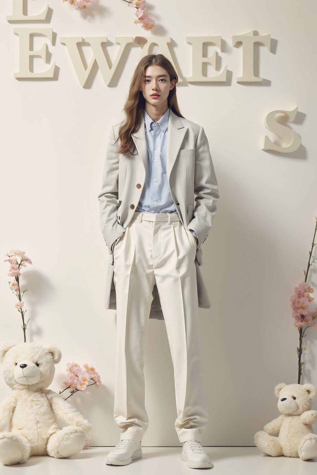 (masterpiece,best quality,beautiful and aesthetic:1.2), (high detailed skin:1.2), 8k uhd, dslr, soft lighting, high quality, film grain,1boy,1male, male focus, black hair, jacket, white footwear, shoes, full body, hand in pocket, pants, shirt, solo, flower, stuffed toy, stuffed animal, teddy bear, long hair,