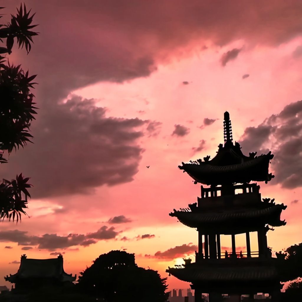pingyao, arafed view of a pagoda tower with a sunset in the background, okinawa japan, the imperial palace, silhouette, redpink sunset, video, chinese building