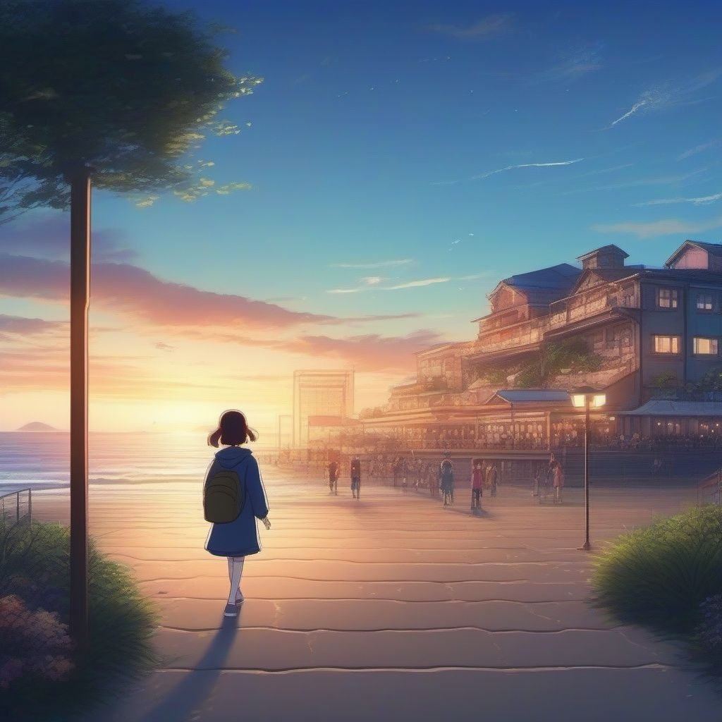 anime style, anime illumination, A girl is walking by the beach, watching the audience