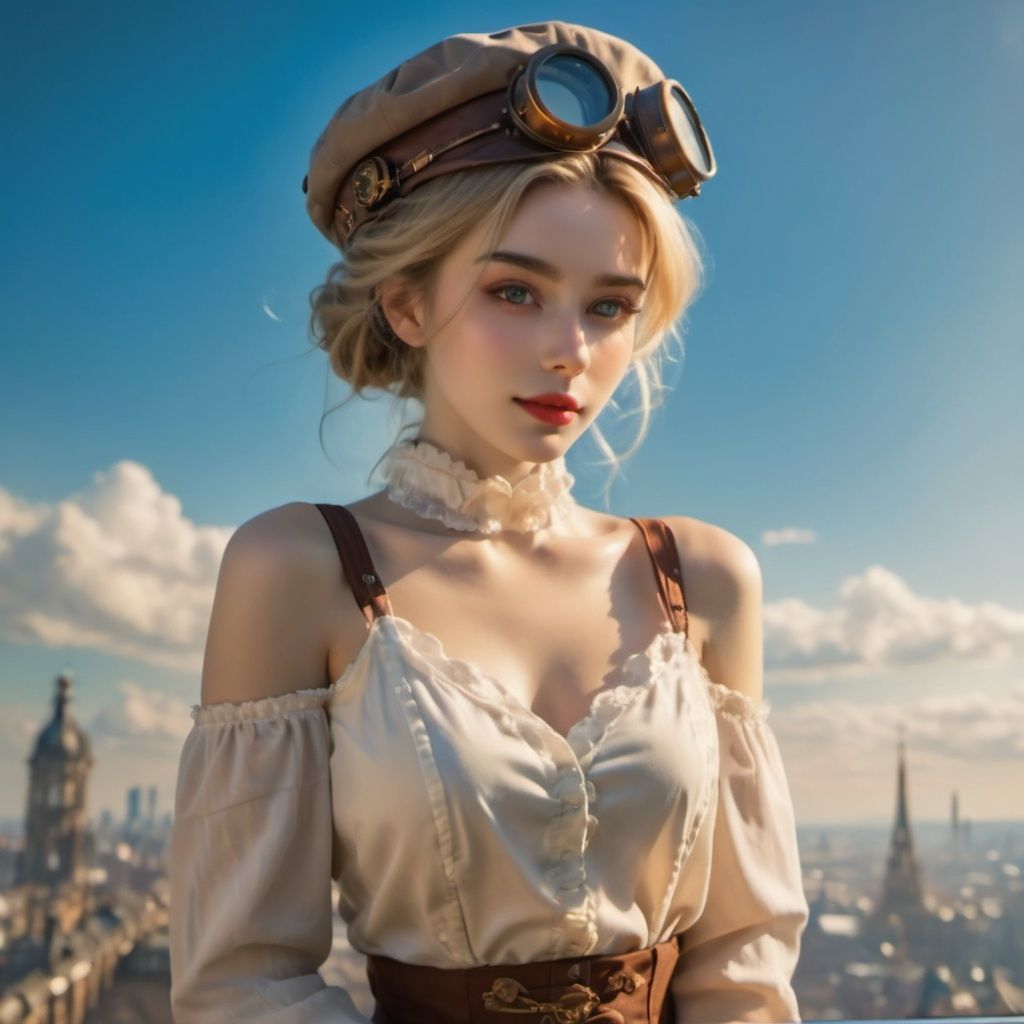 1 European girl sitting on train infront of a wide window through which blue sky and city views can be seen,  warm light,...
