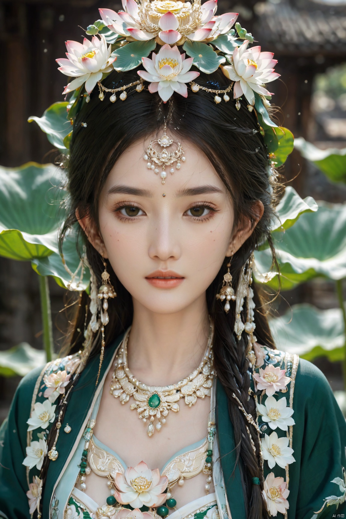  Detailed high, high precision, high quality, the UHD, 16 k, rich details, abundant element, shows that a girl, beautiful, lotus, lotus leaf, pearlygates, traditional clothing, clothing patterns, miao clothing headwear, Face Score, MAJICMIX STYLE, arien_hanfu, monkren
