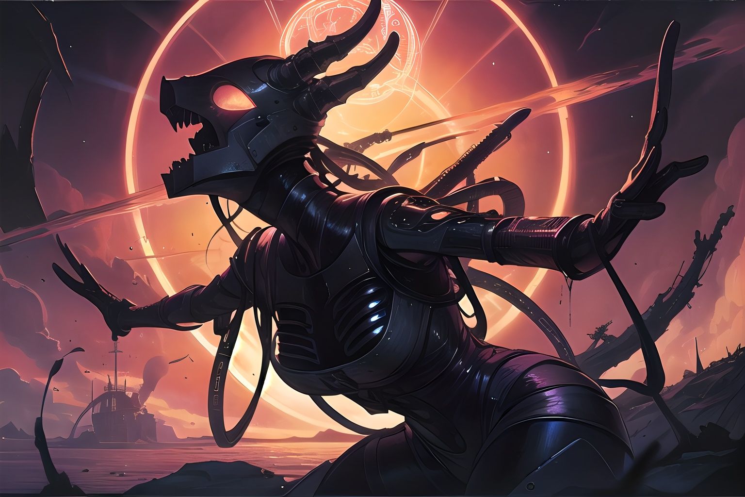 a girl,solo,cowboy shot,hand magic circle,magic circle halo behind the girl head,Alien battleship flying towards cosmic horror, dirty colours, rusty shapes, biotechnology, tim hildebrandt, wayne barlowe, bruce pennington, donato giancola, 