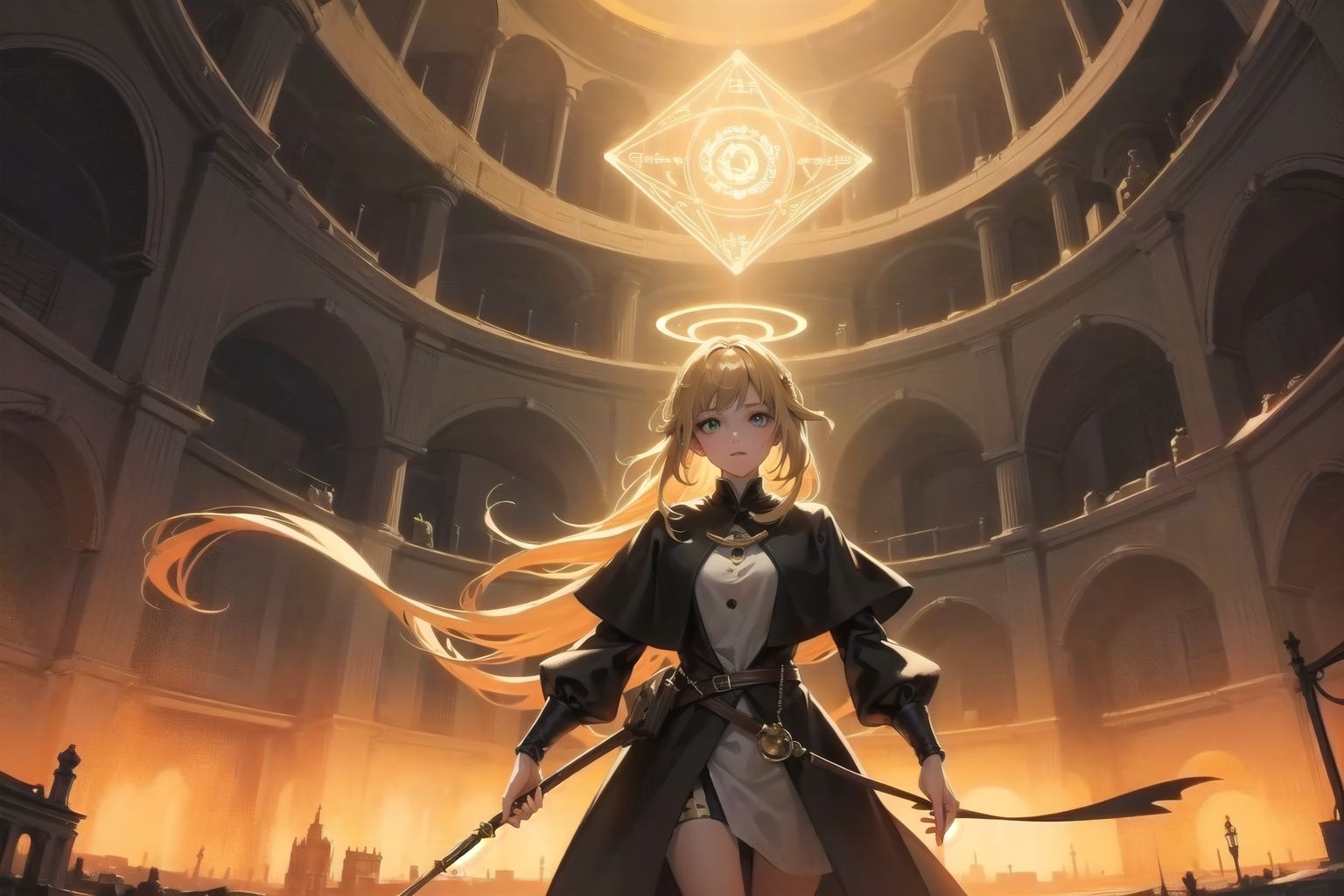 a girl,solo,cowboy shot,hand magic circle,magic circle halo behind the girl head,（sunny,  rainy, cloudy,  rainbow, Cthulhu , Cyberpunk's high-tech city ）（baroque oil painting girl ln illustration concept art lotr anime key visual portrait long flowing blonde hair green eye）the dawn of artstation, octane render, movies, elegant, complex, more detailed, the rule of thirds, professional lighting, clear focus, illustrations, 8 k