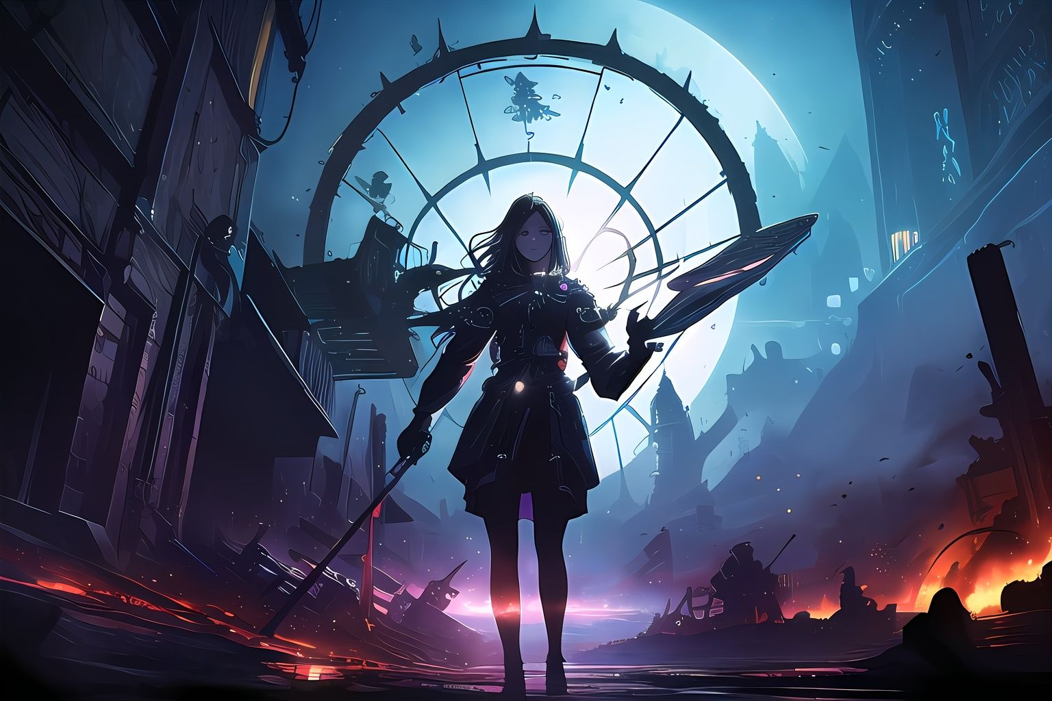 a girl,solo,cowboy shot,hand magic circle,magic circle halo behind the girl head,Alien battleship flying towards cosmic horror, dirty colours, rusty shapes, biotechnology, tim hildebrandt, wayne barlowe, bruce pennington, donato giancola, larry elmore, oil on canvas, masterpiece, trending on artstation, featured on pixiv, cinematic composition, hyper - detailed, hd, hdr, 4 k, 8 k
