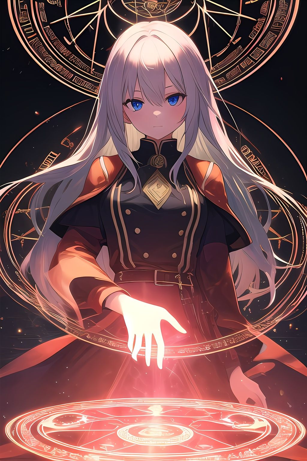 a girl,solo,cowboy shot,hand magic circle,