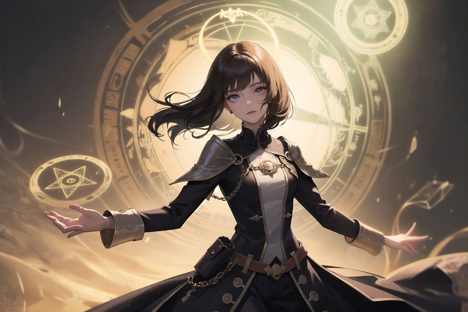 a girl,solo,cowboy shot,hand magic circle,magic circle halo behind the girl head,more detailed, the rule of thirds, professional lighting, clear focus, illustrations, 8 k