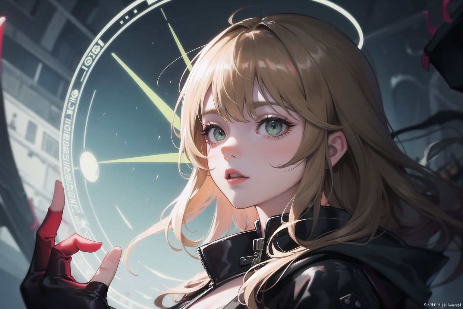 a girl,solo,cowboy shot,hand magic circle,magic circle halo behind the girl head,（sunny,  rainy, cloudy,  rainbow, Cthulhu , Cyberpunk's high-tech city ）（baroque oil painting girl ln illustration concept art lotr anime key visual portrait long flowing blonde hair green eye）the dawn of artstation, octane render, movies, elegant, complex, more detailed, the rule of thirds, professional lighting, clear focus, illustrations, 8 k