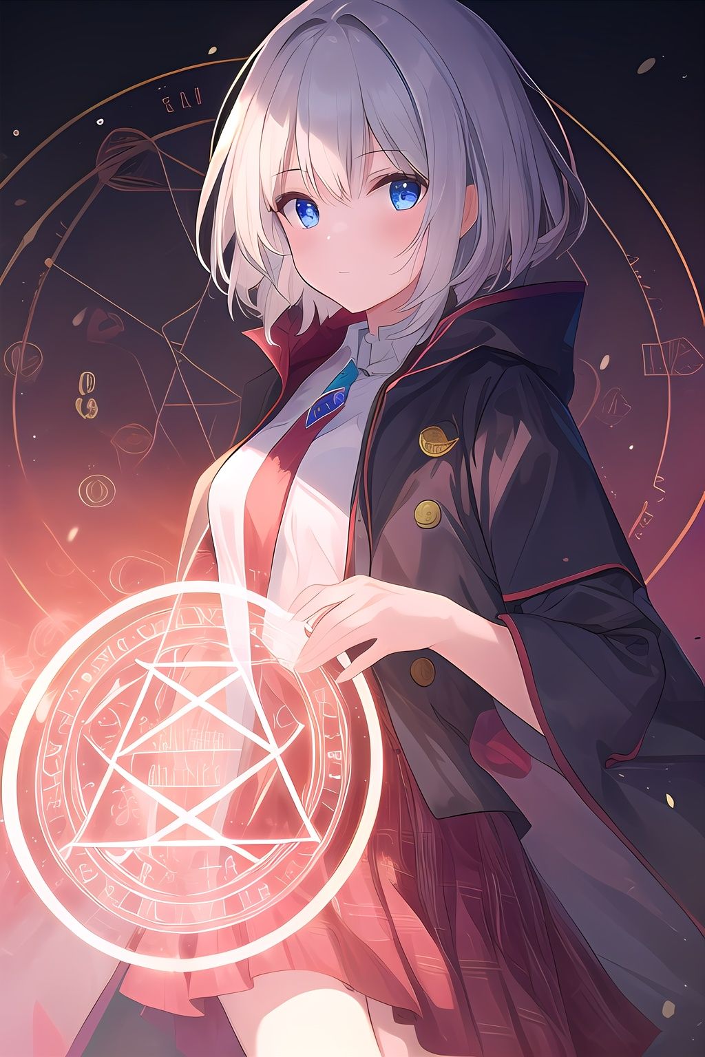 a girl,solo,cowboy shot,hand magic circle,