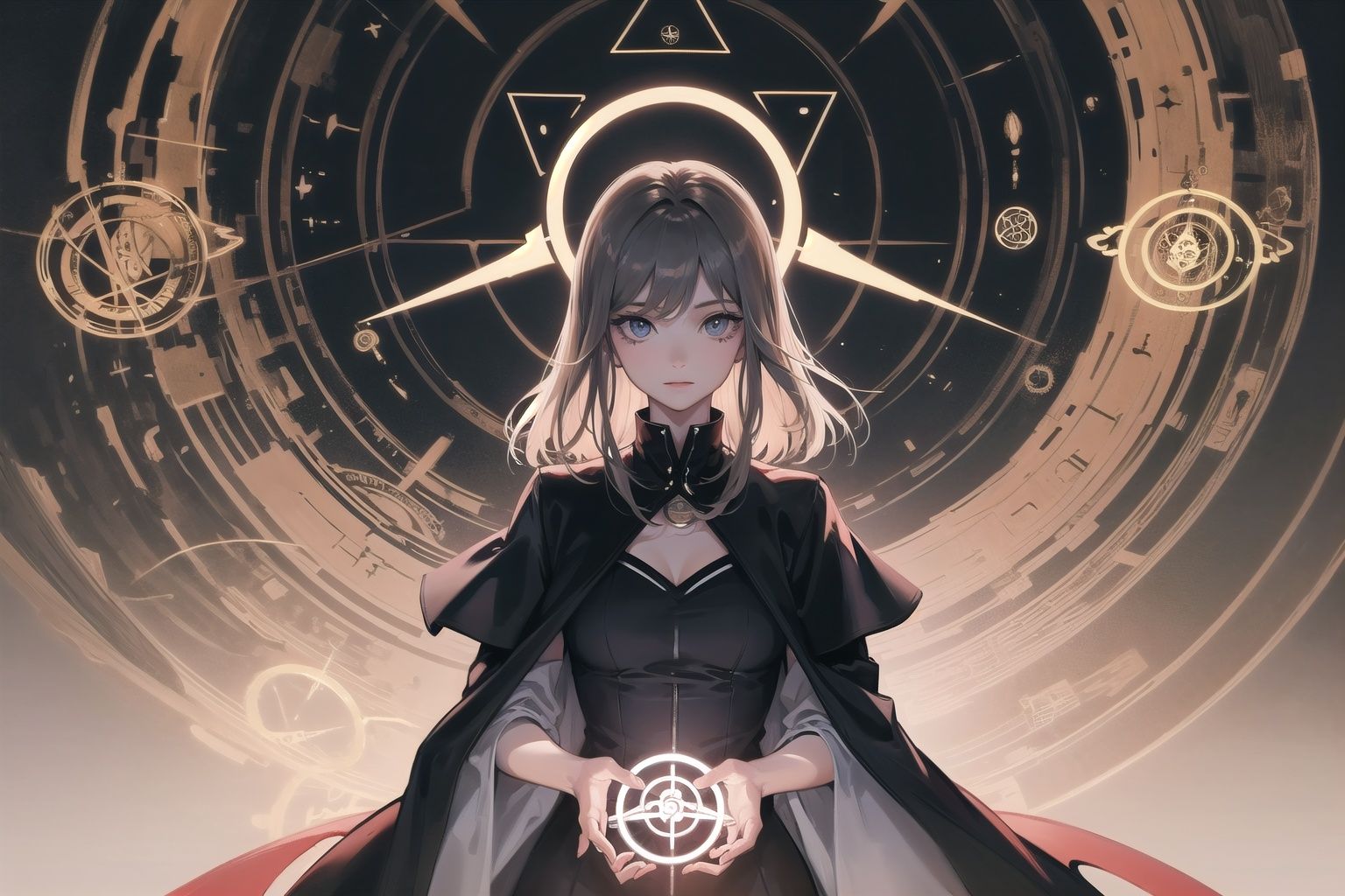a girl,solo,cowboy shot,hand magic circle,magic circle halo behind the girl head,more detailed, the rule of thirds, professional lighting, clear focus, illustrations, 8 k