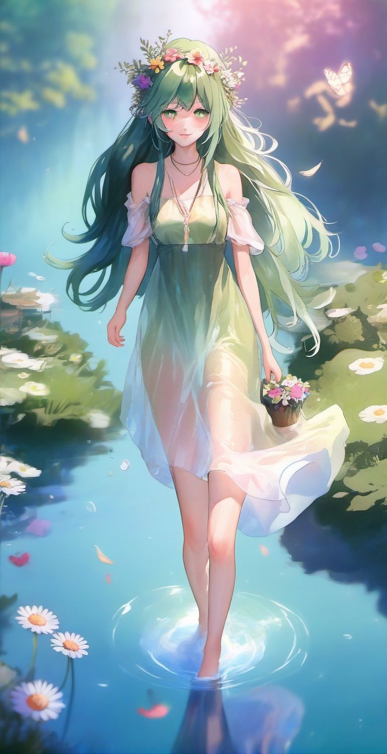 1 girl,green hair,forest fairy,clothes made of flowers,trees and flowers in the background,walking on water,<lora:sdxl_8g_manhualora-000036:1>